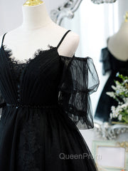 Black A line V Neck Lace Short/Mini Evening Prom Dresses, Black Puffy Homecoming Dresses
