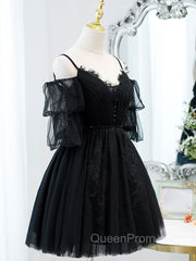 Black A line V Neck Lace Short/Mini Evening Prom Dresses, Black Puffy Homecoming Dresses