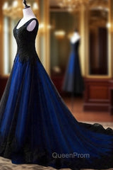 Black and Blue V-neckline Lace Applique Long Evening Dresses, Black and Blue Evening Prom Dresses