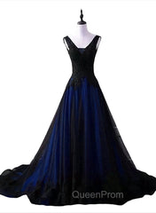 Black and Blue V-neckline Lace Applique Long Evening Dresses, Black and Blue Evening Prom Dresses
