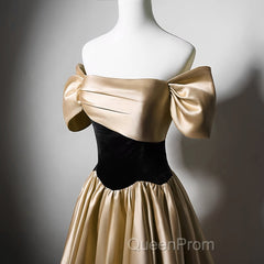 Black And Champagne Satin Long Party Dresses, Off Shoulder Satin Evening Prom Dresses