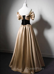 Black And Champagne Satin Long Party Dresses, Off Shoulder Satin Evening Prom Dresses