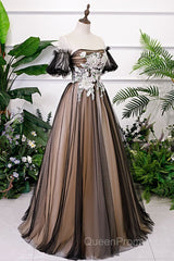 Black And Champagne Short Sleeves Tulle With Lace Party Dresses, A-Line Floor Length Evening Prom Dresses