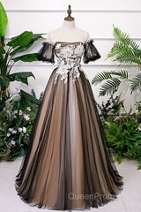 Black And Champagne Short Sleeves Tulle With Lace Party Dresses, A-Line Floor Length Evening Prom Dresses