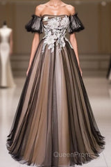 Black And Champagne Short Sleeves Tulle With Lace Party Dresses, A-Line Floor Length Evening Prom Dresses