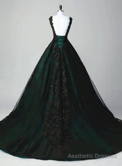 Black and Green Tulle with Lace Long Party Dress, A-line Low Back Evening Dress