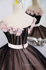 Black And Pink Tulle With Flowers Off Shoulder Party Dresses, Tulle Sweet 16 Dresses