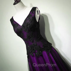 Black and Purple V-neckline A-line Evening Prom Dresses, Tulle with Lace Party Dresses