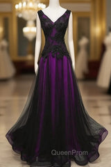 Black and Purple V-neckline A-line Evening Prom Dresses, Tulle with Lace Party Dresses