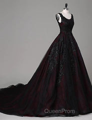 Black And Red Backless Tulle Long Formal Gown, Black And Red Long Evening Prom Dresses