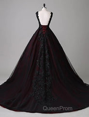 Black And Red Backless Tulle Long Formal Gown, Black And Red Long Evening Prom Dresses