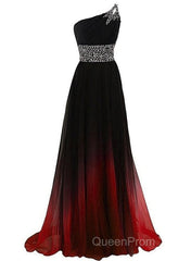 Black And Red Gradient Chiffon One Shoulder Beaded Party Dresses, Cute Junior Evening Prom Dresses