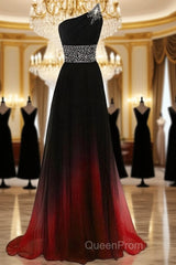 Black And Red Gradient Chiffon One Shoulder Beaded Party Dresses, Cute Junior Evening Prom Dresses