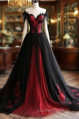Black And Red Lace Tulle Off Shoulder Evening Prom Dresses, Black And Red Formal Dresses