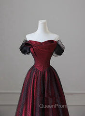 Black and Red Long Party Dresses, Off Shoulder Tulle A-line Evening Prom Dresses