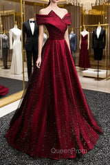 Black and Red Satin Off Shoulder Long Junior Evening Prom Dresses, A-line Satin Party Dresses
