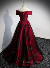 Black and Red Satin Off Shoulder Long Junior Evening Prom Dresses, A-line Satin Party Dresses