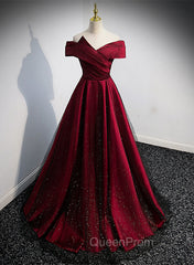 Black and Red Satin Off Shoulder Long Junior Evening Prom Dresses, A-line Satin Party Dresses
