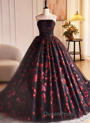 Black And Red Tulle Floral Sweet 16 Dresses, Black And Red Party Dresses Evening Prom Dresses