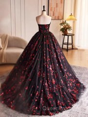 Black And Red Tulle Floral Sweet 16 Dresses, Black And Red Party Dresses Evening Prom Dresses