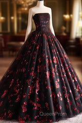 Black And Red Tulle Floral Sweet 16 Dresses, Black And Red Party Dresses Evening Prom Dresses