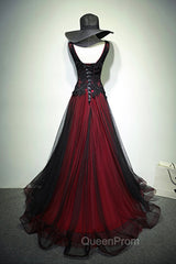 Black and Red V-Neck Tulle Long Evening Prom Dresses, Lace Evening Dresses