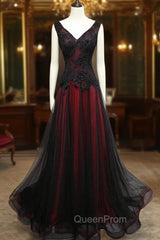 Black and Tulle V-neckline Beaded Lace Long Party Dresses, A-line Evening Prom Dresses Evening Dresses