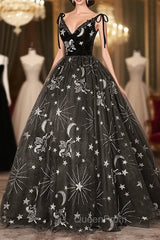 Black Ball Gown Floral V-neckline Straps Sweet 16 Dresses, Black Tulle Evening Dresses