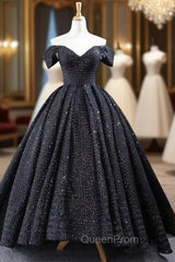 Black Ball Gown Sequins Off the Shoulder Evening Prom Dresses