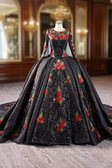 Black Ball Gown Long Sleeve Flower Evening Prom Dresses