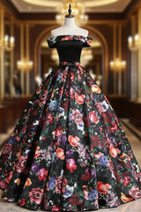 Black Ball Gown Satin Print Off the Shoulder Quinceanera Dresses