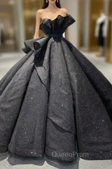 Black Ball Gown Sequins Strapless Evening Prom Dresses