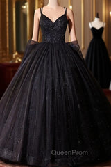 Black Ball Gown Tulle Straps Beading Quinceanera Dresses