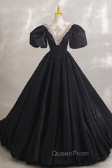 Black Ball Gown with Beaded, Black Short Sleeve Evening Dresses