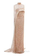 Black Beading Evening Prom Dresses Sweep Train High Neck Zipper Sleeveless Evening Dresses