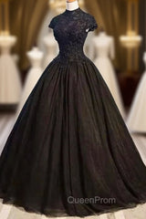 Black Cap Sleeves Long Tulle Party Dresses, Black Evening Prom Dresses