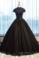 Black Cap Sleeves Long Tulle Party Dresses, Black Evening Prom Dresses