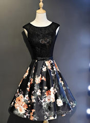 Black Floral Satin and Lace Round Neckline Short Party Dresses Evening Prom Dresses, Black Homecoming Dresses