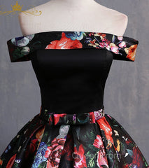 Black Floral Satin Off Shoulder Strapless Long Formal Evening Prom Dresses, Evening Dresses