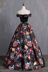 Black Floral Satin Off Shoulder Strapless Long Formal Evening Prom Dresses, Evening Dresses