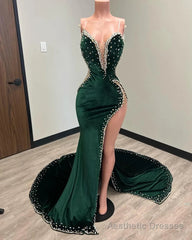 Black Girl Prom Dress Long Mermaid Green Prom Gown With Train