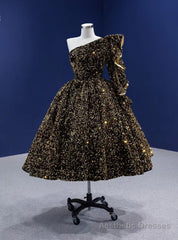 Black Gold Sequins One Shoulder Short Prom Dress