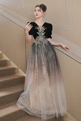 Black Gradient Tulle And Velvet Short Sleeves Party Dresses, A-Line Tulle Long Formal Dresses
