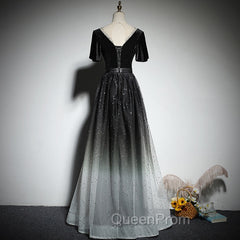 Black Gradient tulle and Velvet Short Sleeves V-neckline Tulle Party Dresses, Black Tulle Evening Prom Dresses