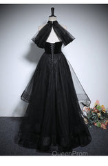 Black Haler Tulle And Velvet Long Evening Prom Dresses, Black A-Line Tulle Evening Dresses