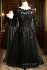 Black Lace and Tulle Short Sleeves Party Dresses Evening Dresses, Black Homecoming Dresses