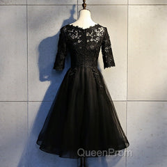 Black Lace and Tulle Short Sleeves Party Dresses Evening Dresses, Black Homecoming Dresses