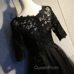 Black Lace and Tulle Short Sleeves Party Dresses Evening Dresses, Black Homecoming Dresses
