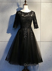 Black Lace and Tulle Short Sleeves Party Dresses Evening Dresses, Black Homecoming Dresses