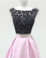 Black Lace Beaded Two Piece Satin Evening Prom Dresses